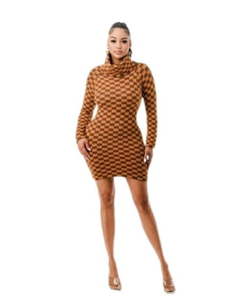 Checkerboard Cow Neck Sweater Dress