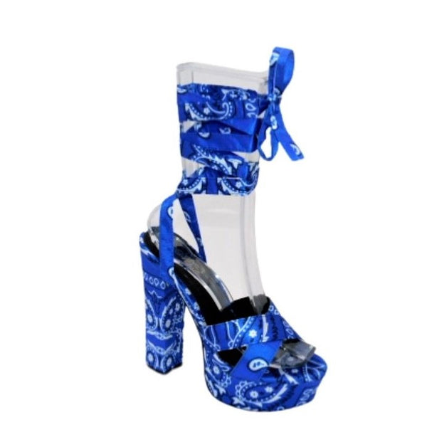 Mata Blue Women's Open Toe Lace Up Chunky Platform High Heel Sandals