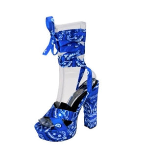 Mata Blue Women's Open Toe Lace Up Chunky Platform High Heel Sandals