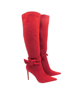 Chase + Chloe Pointed Toe, Red Knee High Suede Boots w/ Bow