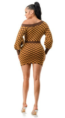 Checkerboard Cow Neck Sweater Dress
