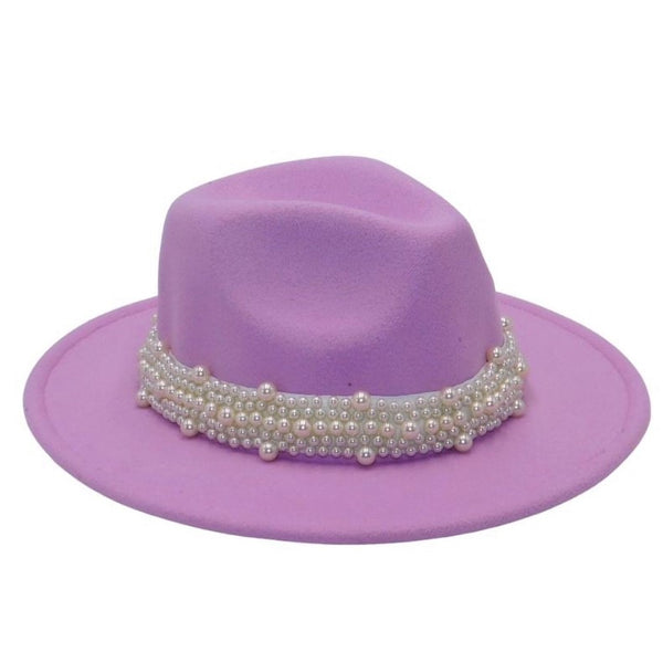 Women Fedora Wide Brim Felt Panama Hat w/Pearl Beaded Band