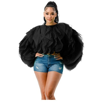 Long Sleeve Ruffle Tulle Crop Top Blouse