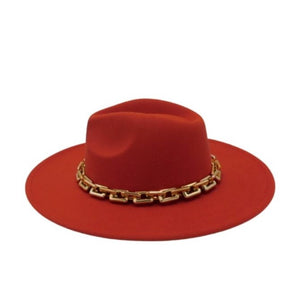Wide Brim Fedora Hat w/Gold Chain Band
