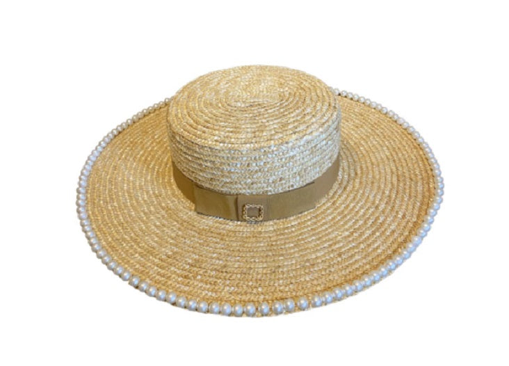Handmade Natural Straw Hat For Women with Bandage Ribbon Tie and Pearl Wide Brim