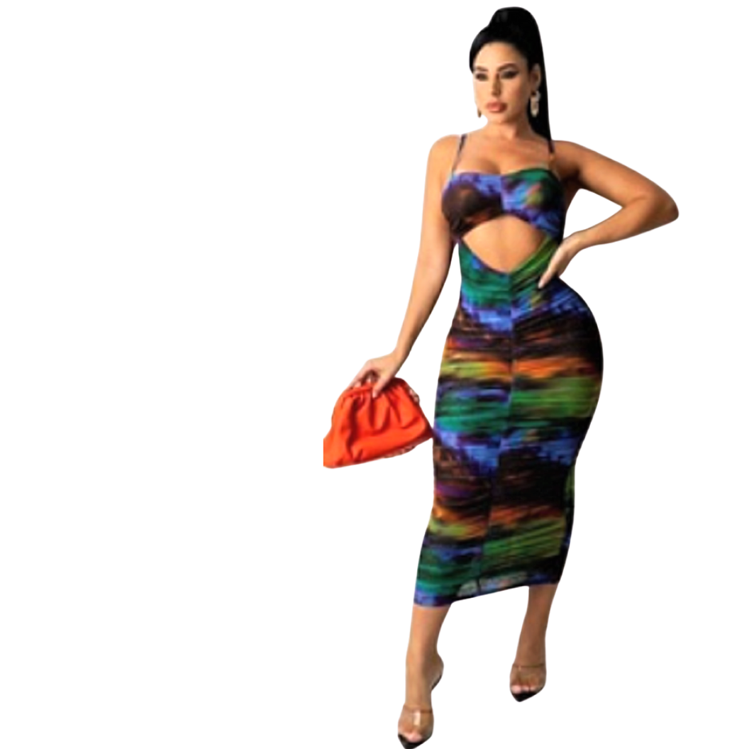 Multi Color Mesh Cut Body Contour Maxi Dress