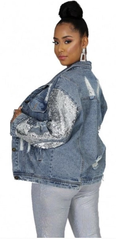 Women's Fashion Denim Jacket w/Sequin Laced Sleeves