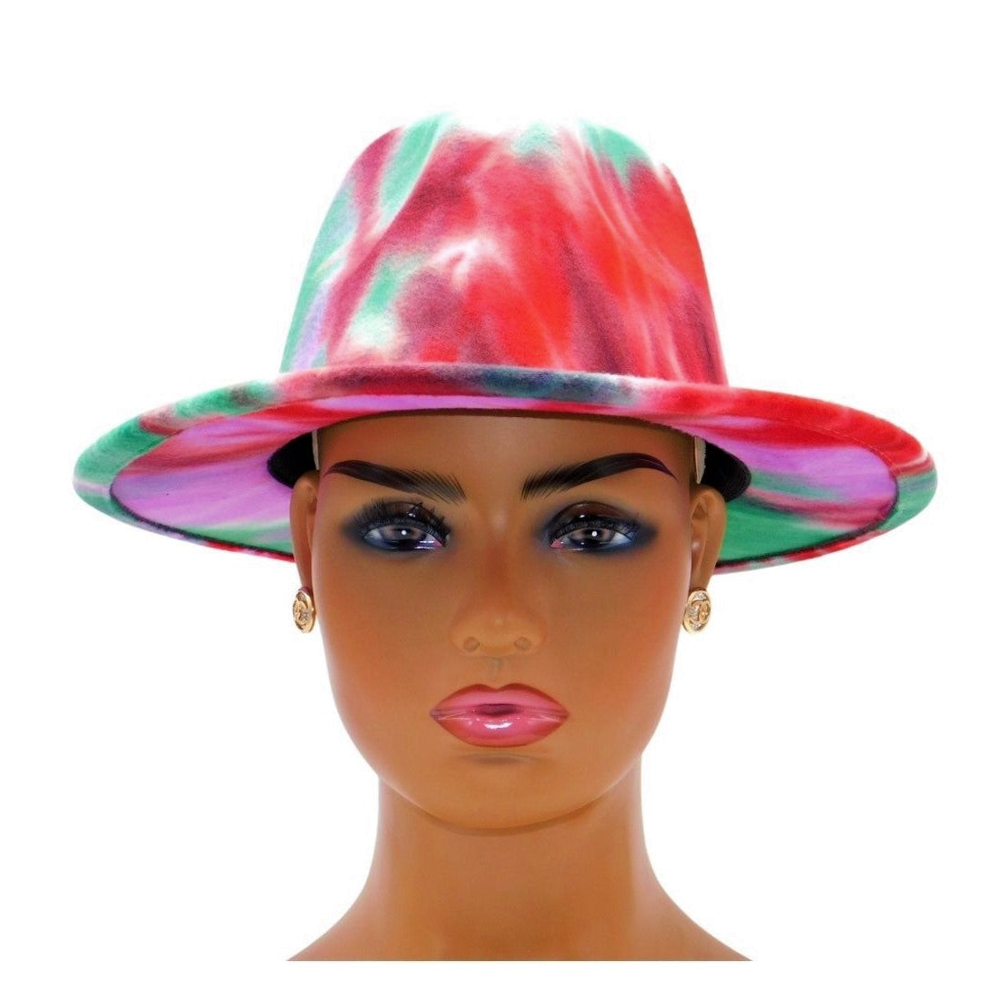 Women Fedora Tie-Dye Multicolor Wide Brim Felt Panama Hat